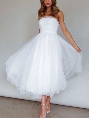 Selfie Leslie Fayette Strapless Mesh Midi Dress White